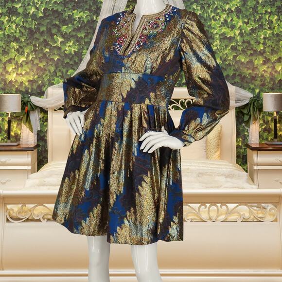 60s Vintage Pat Sandler Gold Metallic Beaded Dress M - Picture 14 of 16